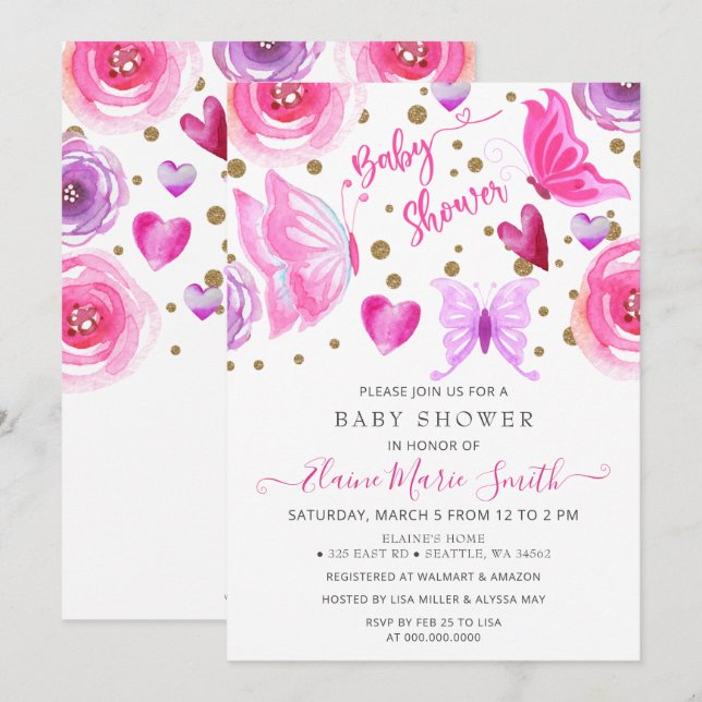 Gold Glitter Pink Purple Butterflies Baby Shower  Invitation (Front/Back)