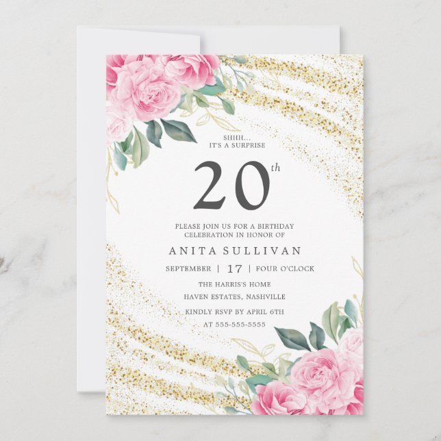 Gold Glitter Pink Rose Twenty 20th Birthday Invitation (Front)