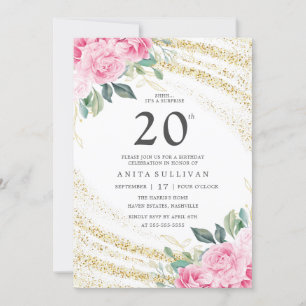 Gold Glitter Pink Rose Twenty 20th Birthday Invitation