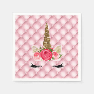 Gold Glitter & Pink Roses Unicorn Birthday Party Napkin