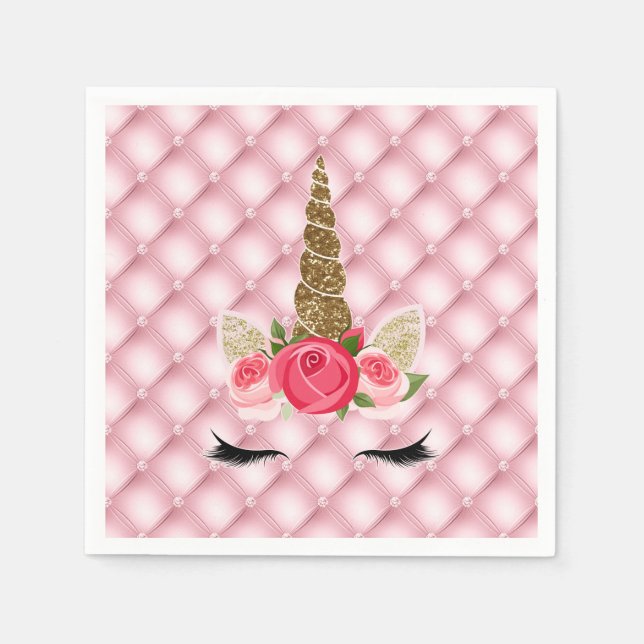 Gold Glitter & Pink Roses Unicorn Birthday Party Napkin (Front)