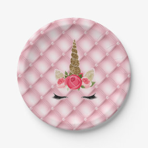 Gold Glitter & Pink Roses Unicorn Birthday Party Paper Plate
