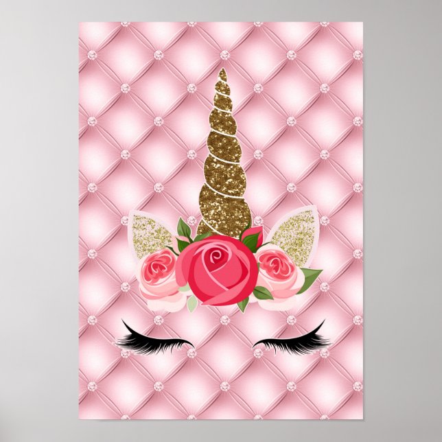 Gold Glitter & Pink Roses Unicorn Birthday Party Poster (Front)