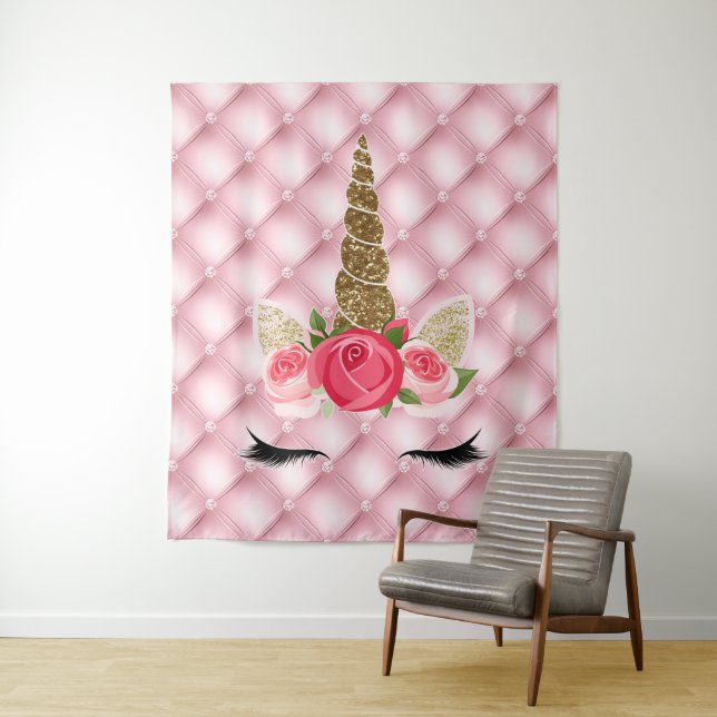 Gold Glitter & Pink Roses Unicorn Birthday Party Tapestry (In Situ)