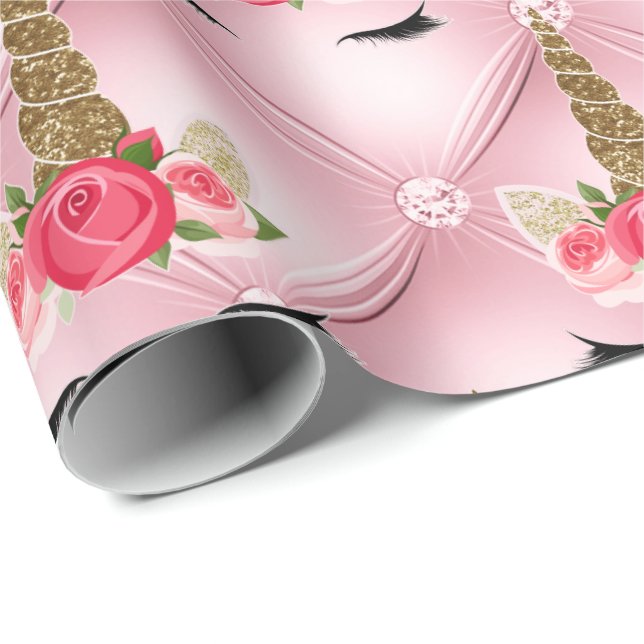 Gold Glitter & Pink Roses Unicorn Birthday Party Wrapping Paper (Roll Corner)