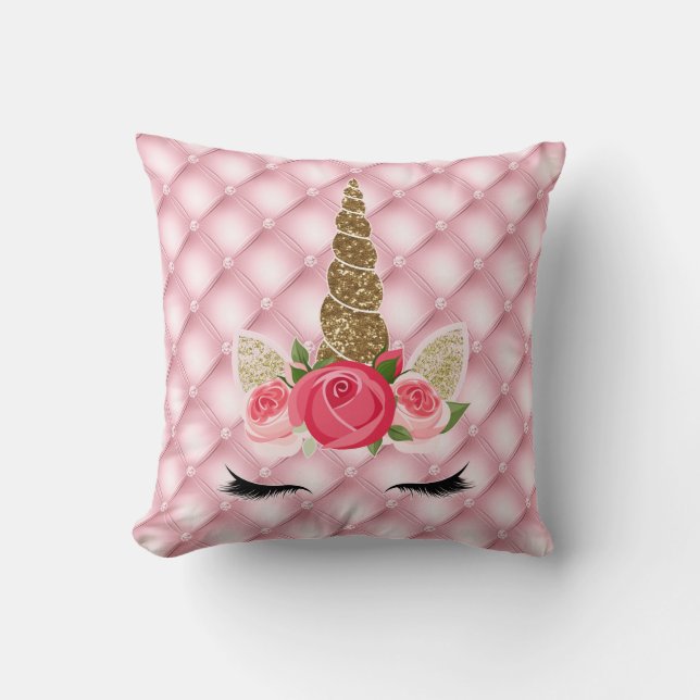 Gold Glitter & Pink Roses Unicorn Girl Trendy Cushion (Front)