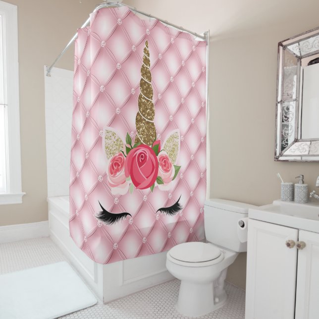 Gold Glitter & Pink Roses Unicorn Shower Curtain (In Situ)