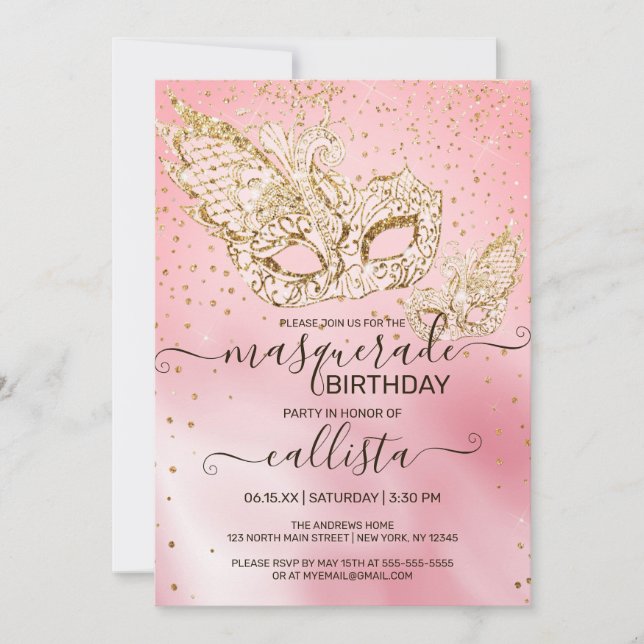 Gold Glitter Pink Silk Masquerade Birthday Invitation (Front)