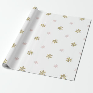 Gold glitter & pink snowflakes on white Christmas Wrapping Paper