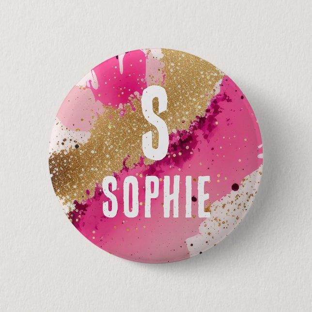 Gold Glitter Pink Splatter Monogram Personalised 6 Cm Round Badge (Front)