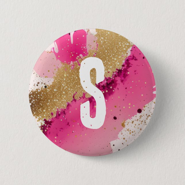Gold Glitter Pink Splatter Monogram Personalised 6 Cm Round Badge (Front)
