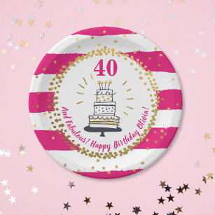 Gold Glitter Pink Stripe Any Age Happy Birthday Paper Plate