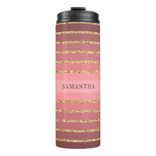 Gold Glitter Pink Stripe Pattern Name Thermal Tumbler