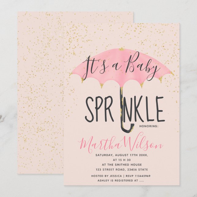Gold glitter pink umbrella chic baby sprinkle invitation (Front/Back)