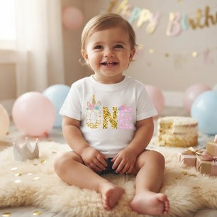 Gold Glitter Pink Unicorn 1st Birthday Baby T-Shirt
