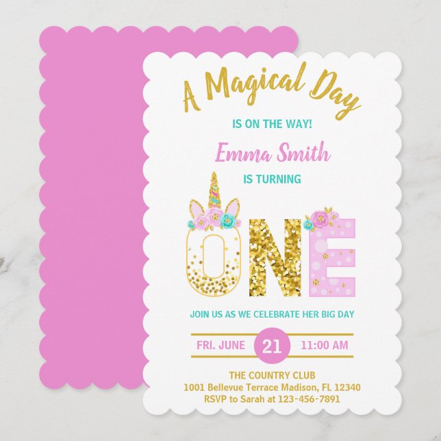 Gold Glitter Pink Unicorn 1st Birthday Invitation  (Front/Back)