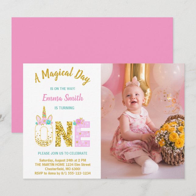 Gold Glitter Pink Unicorn 1st Birthday Photo Invitation (Front/Back)