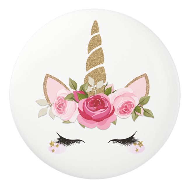 Gold Glitter Pink Unicorn Floral Roses Cute Trendy Ceramic Knob (Front)