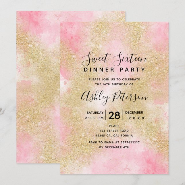 Gold glitter pink watercolor script Sweet 16 Invitation (Front/Back)