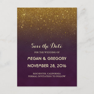 Gold Glitter Plum Vintage Save the Date Announcement Postcard