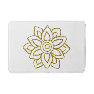 Gold Glitter Poinsettia Christmas White  Bath Mat