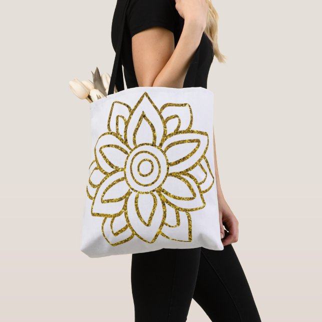 Gold Glitter Poinsettia Flower Two-sided White Tote Bag (Close Up)