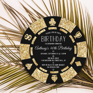Gold Glitter Poker Chip Casino Birthday Party Invitation