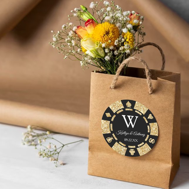 Gold Glitter Poker Chip Casino Wedding Party Favor Classic Round Sticker (Creator Uploaded)
