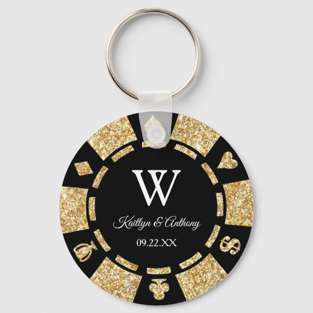 Gold Glitter Poker Chip Casino Wedding Party Favou Key Ring (Front)
