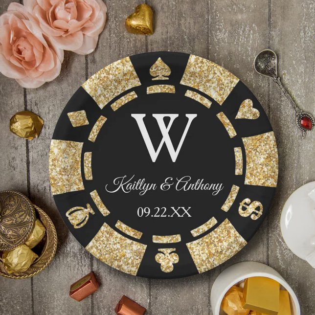 Gold Glitter Poker Chip Casino Wedding Party Paper Plate (Creator Uploaded)