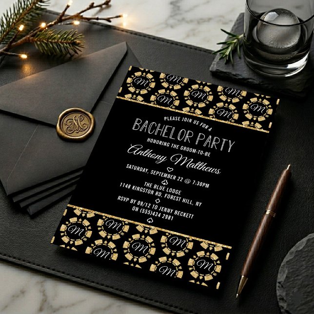 Gold Glitter Poker Chip Las Vegas Bachelor Party Invitation (Creator Uploaded)