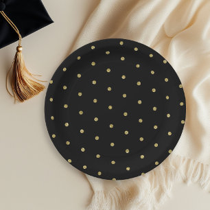 Gold Glitter Polka Dot Pattern Black Paper Plate