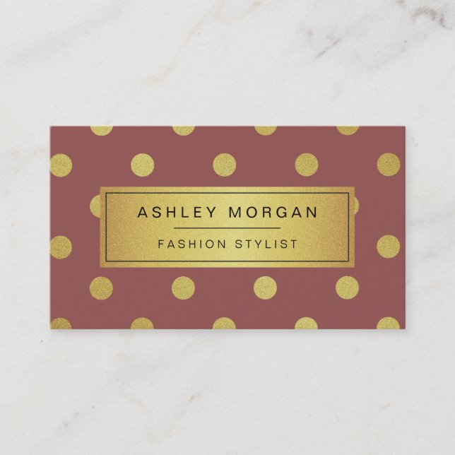 Gold Glitter Polka Dots - Marsala Red Wine Colour Business Card (Front)