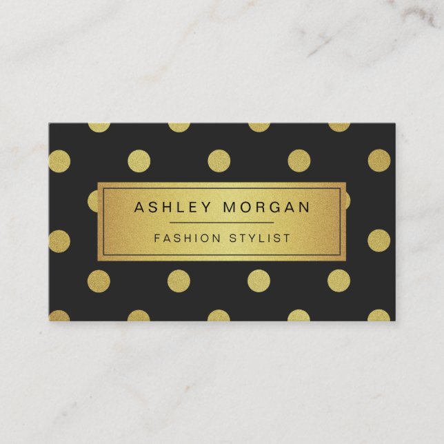 Gold Glitter Polka Dots - Trendy Black White Business Card (Front)