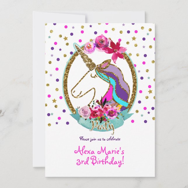 Gold Glitter Polka Dots Unicorn Birthday Party Invitation (Front)
