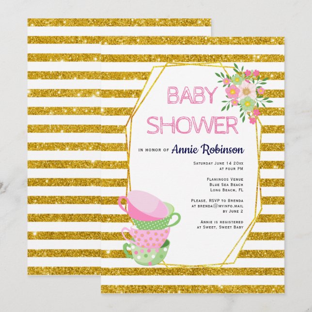 Gold glitter polygon, tea cups floral baby shower invitation (Front/Back)