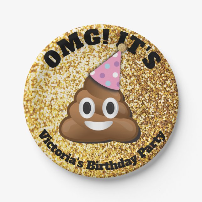 Gold Glitter Poop Emoji Paper Plates (Front)