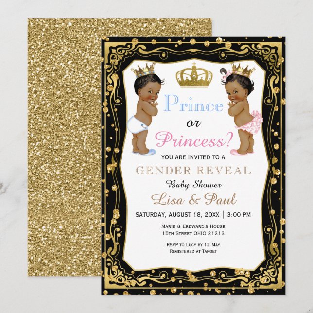 Gold Glitter Prince or Princess Gender Reveal  Invitation (Front/Back)