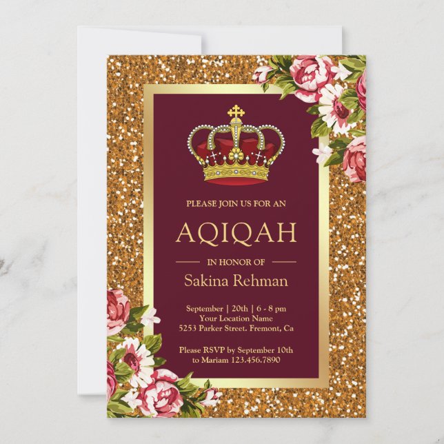 Gold Glitter Princess Burgundy Floral Aqiqah Invitation (Front)