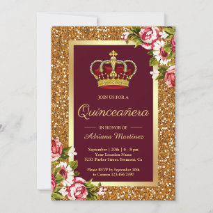 Gold Glitter Princess Burgundy Floral Quinceanera Invitation