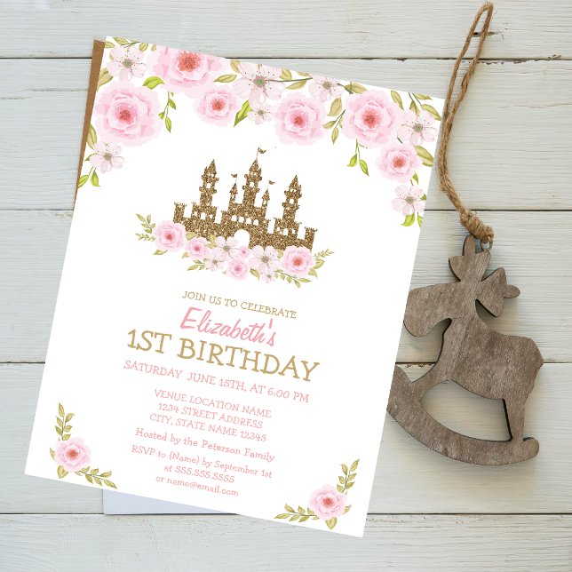 Gold Glitter Princess Castle,Floral Birthday  Invitation (Creator Uploaded)