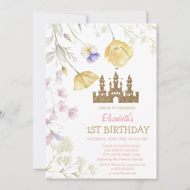 Gold Glitter Princess Castle Wildflowers Birthday  Invitation (Front)