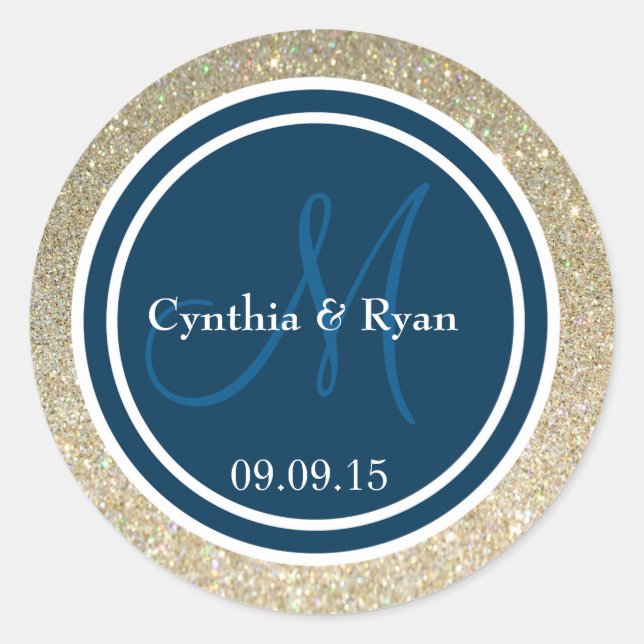 Gold Glitter & Prussian Blue Wedding Monogram Seal (Front)