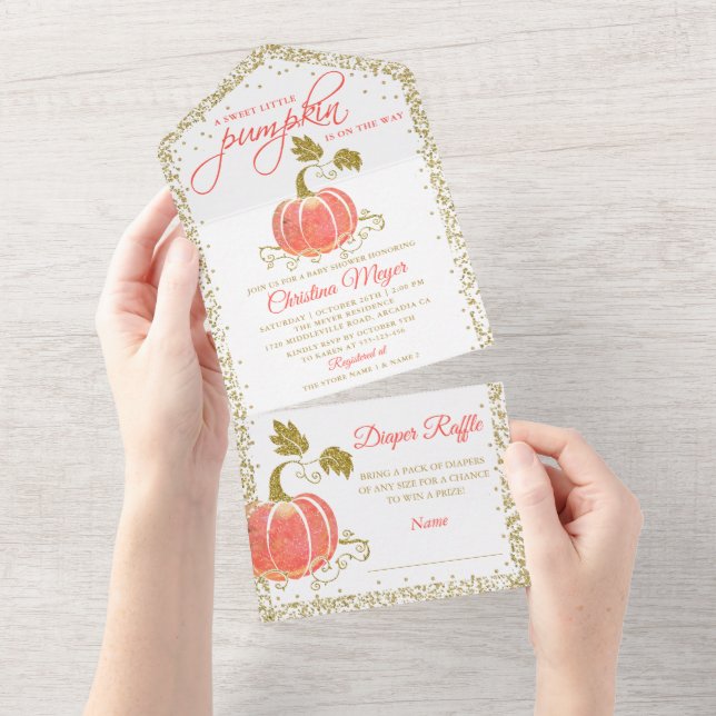Gold Glitter Pumpkin Baby Shower Diaper Raffle All In One Invitation (Tearaway)