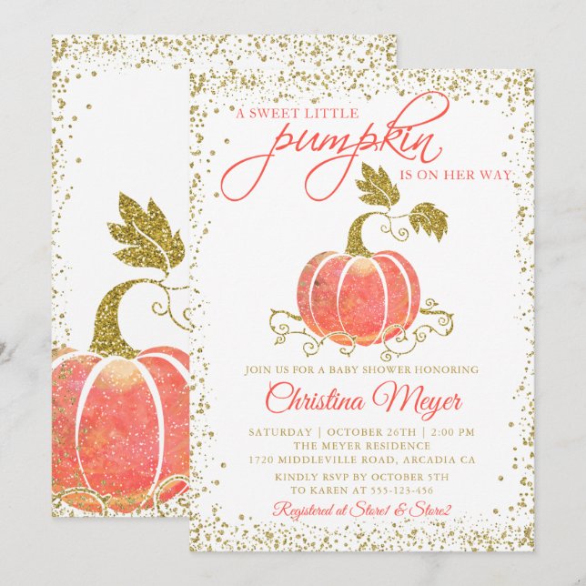 Gold Glitter Pumpkin Fall Baby Shower Invitation (Front/Back)