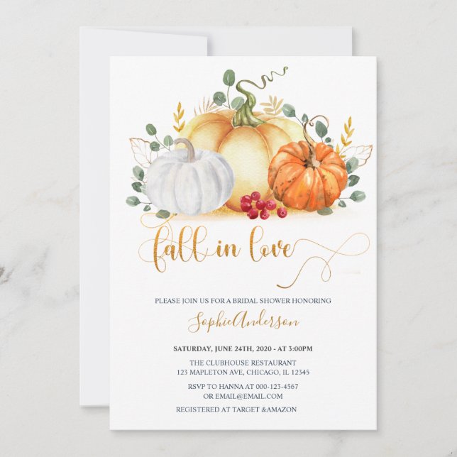 Gold Glitter Pumpkin Fall in Love Bridal Shower Invitation (Front)