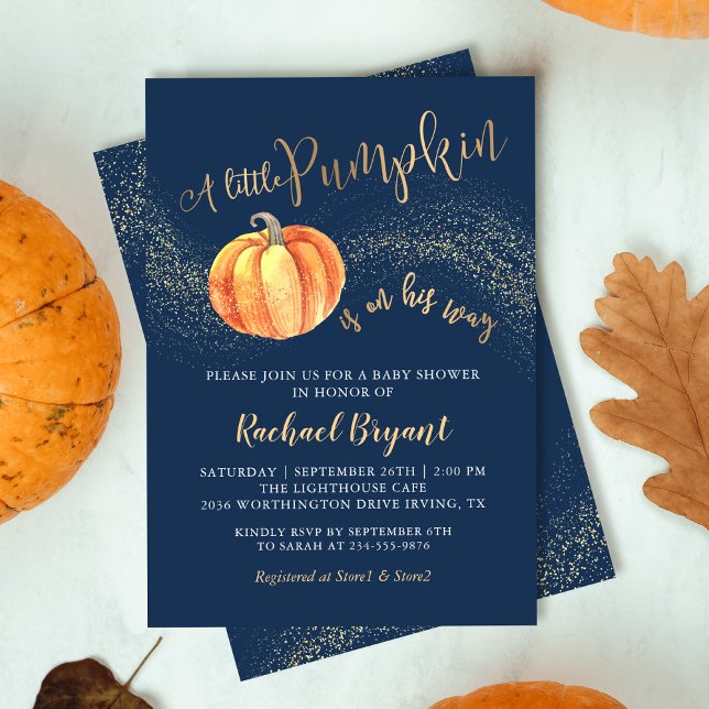 Gold Glitter Pumpkin Navy Blue Boy Baby Shower Invitation (Creator Uploaded)