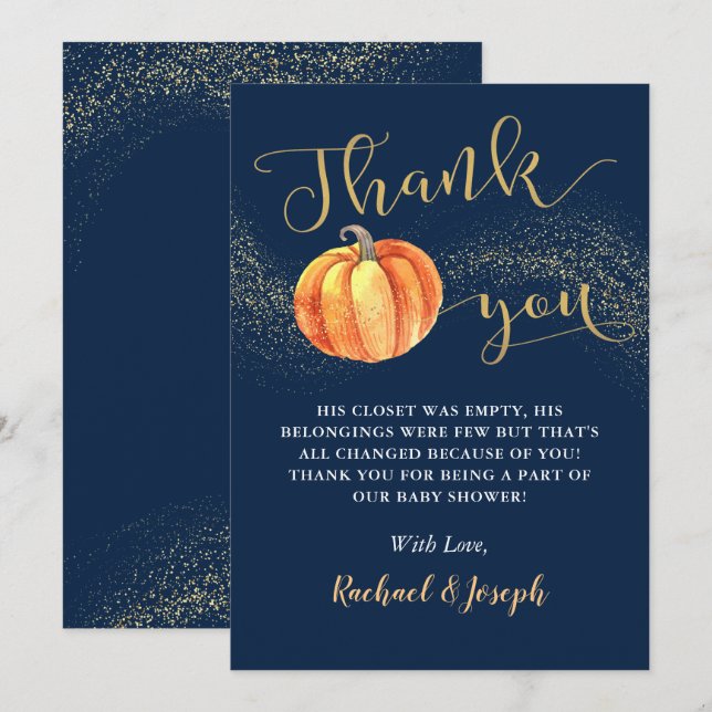 Gold Glitter Pumpkin Navy Blue Boy Baby Shower Thank You Card (Front/Back)