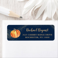 Gold Glitter Pumpkin Navy Blue Fall Return Address