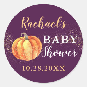 Gold Glitter Pumpkin Purple Baby Shower Classic Round Sticker